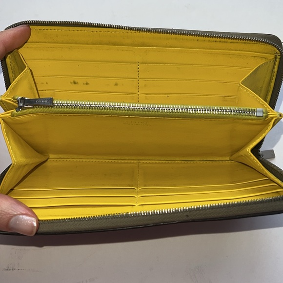 Celine Handbags - REPAIR Celine Taupe Pebbled Leather Zipped Continental Wallet Yellow Interior